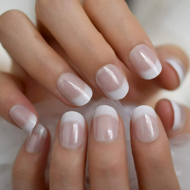 CoolNail - Uñas postizas cortas, blancas, francesas, con puntas, color beige natural, rosa, 24 unidades, cabeza redonda, cubierta completa, uñas postizas para uso en el hogar o la oficina