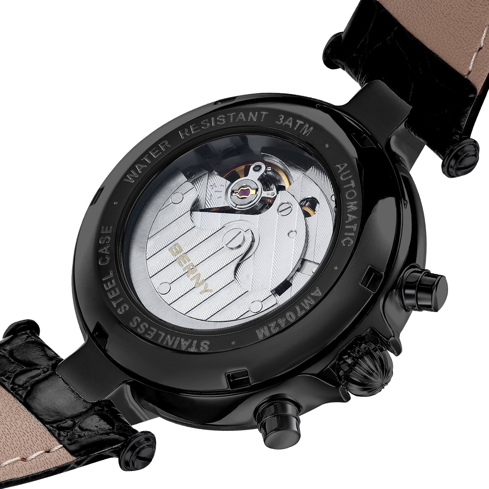 BERNY Automatic Watch for Men Classic Mechanical Self Winding Wristwatch 3ATM Waterproof Multi-Functional Dials Date, Week, Month and Moon Phase