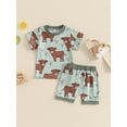 thumbnail image 4 of Elippeo Toddler Boys Girls Summer Outfits 3 6 12 18 24 Months 3 Years Western Cow Print Short Sleeve T-Shirts Tops and Shorts 2Pcs Clothes Set, 4 of 9