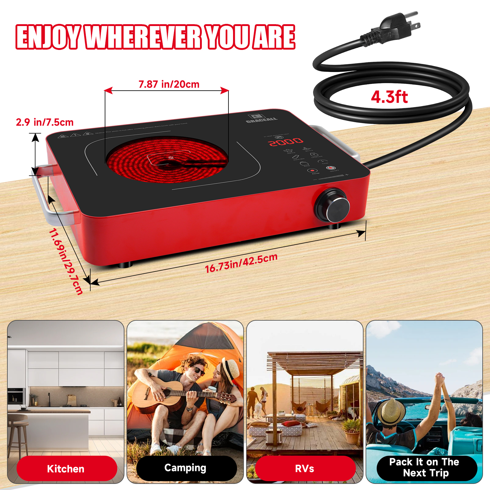 GRACEALL 2000W Electric Cooktop Portable Infrared Stove, Countertop Hot Plate for Cooking, Single Burner Cook Top, Kitchen Knob Control Stove, Unibody Design with BBQ Plate