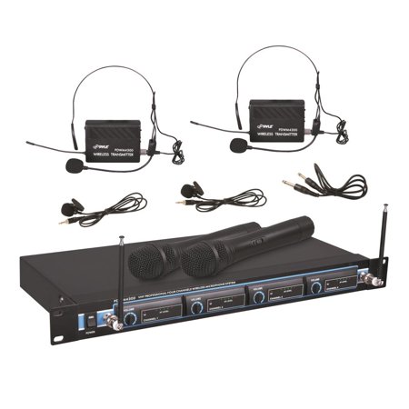 Pyle PDWM4300 - VHF Wireless Rack Mount Microphone System with (2) Handheld Mics, (2) Belt Pack Transmitters, (2) Lavalier & (2) Headset Mics