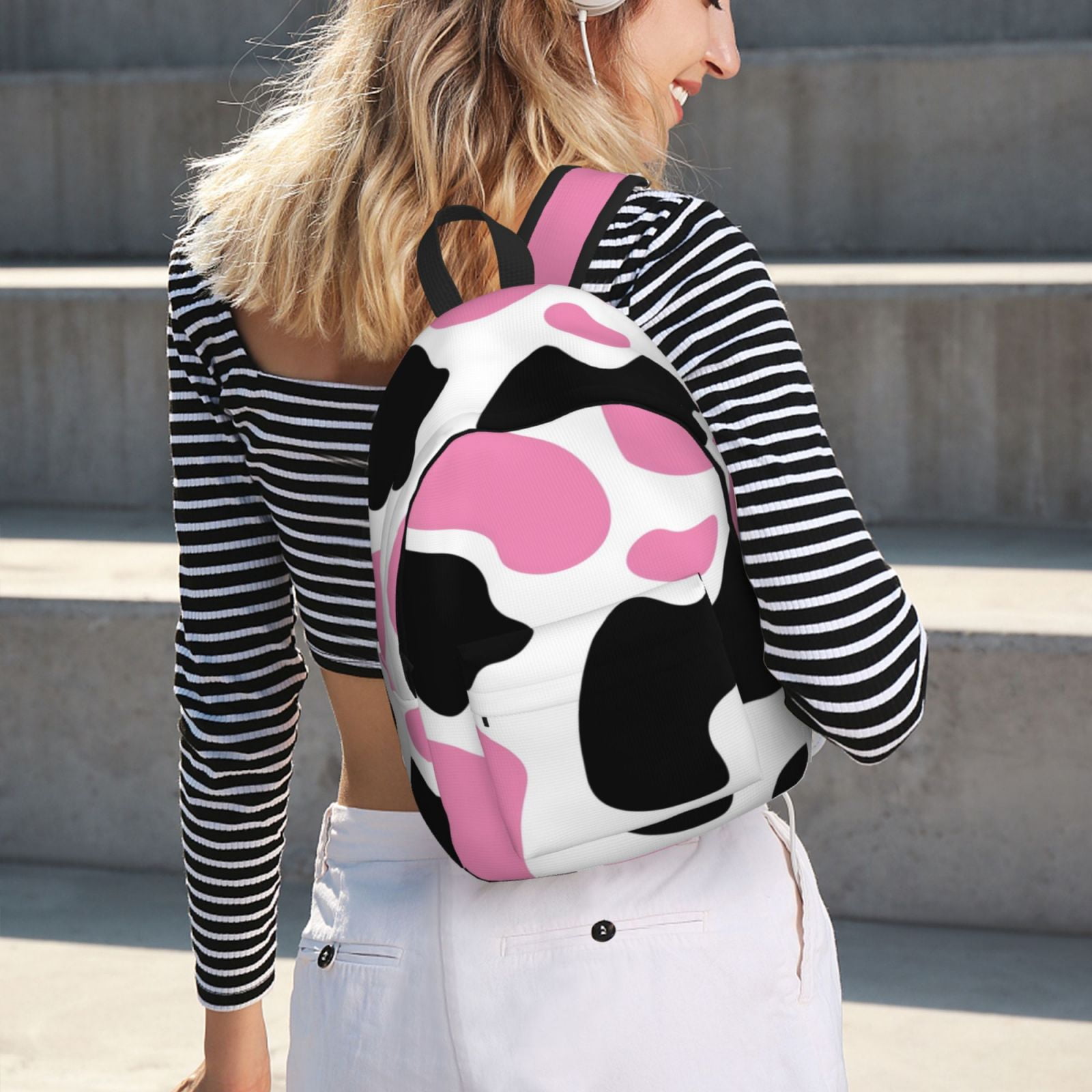 Picia Cow Spots Printed Canvas Daypack - Stylish and Durable Vintage Compact Backpack - Class, Work, Travel, or Laptop Bookbag,Organized Compartments-Small