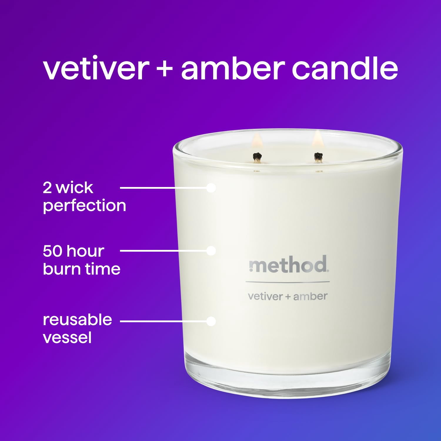 Method Premium Soy Candle, Vetiver + Amber, 2 Wick, Recyclable Jar, Up to 50 Hours Burn Time, 14 oz