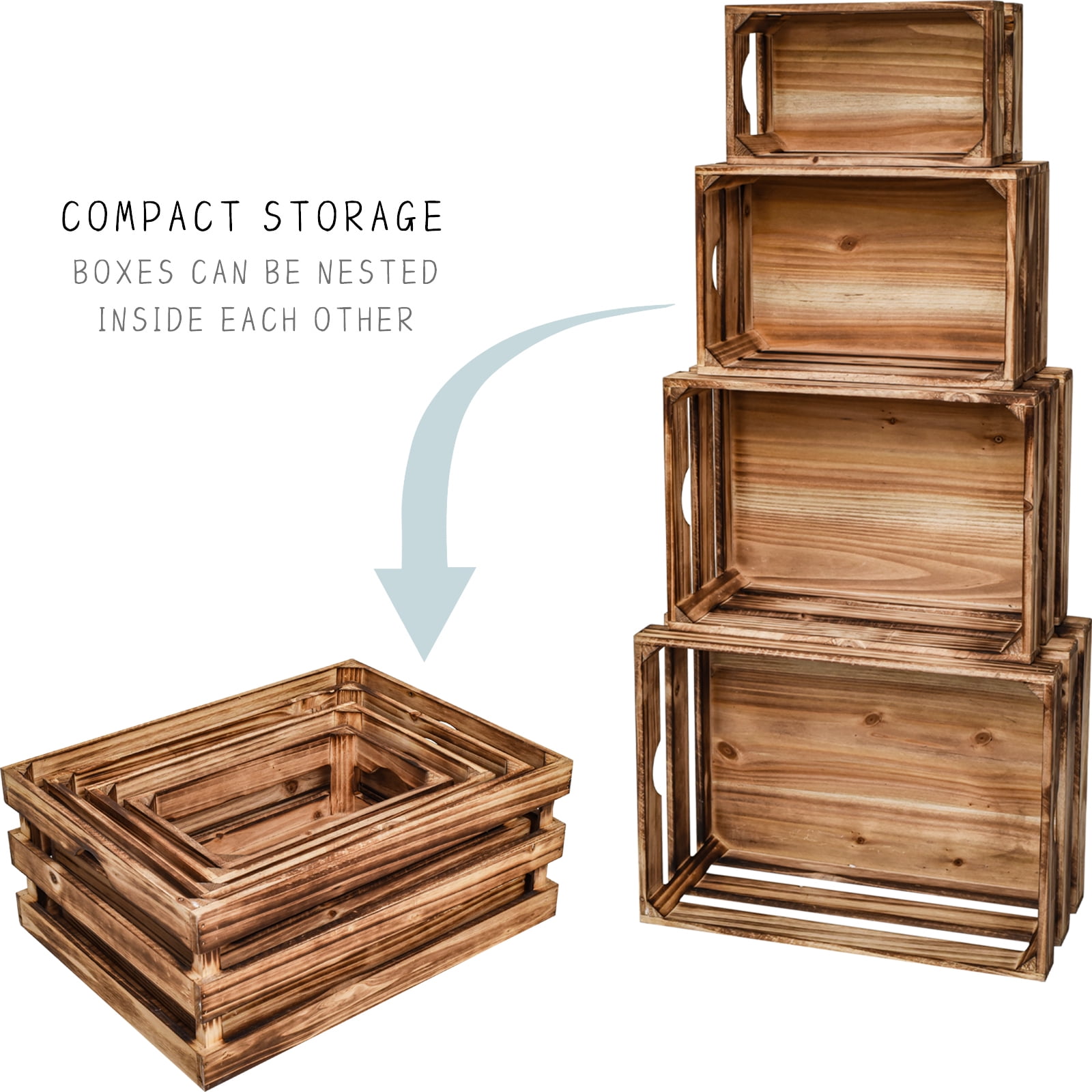 MODE HOME Set of 4 Large Torched Wood Decorative Storage Crates, Nesting Wooden Crates for Display Rustic, Farmhouse Wooden Storage Container Boxes Made from Solid Wood
