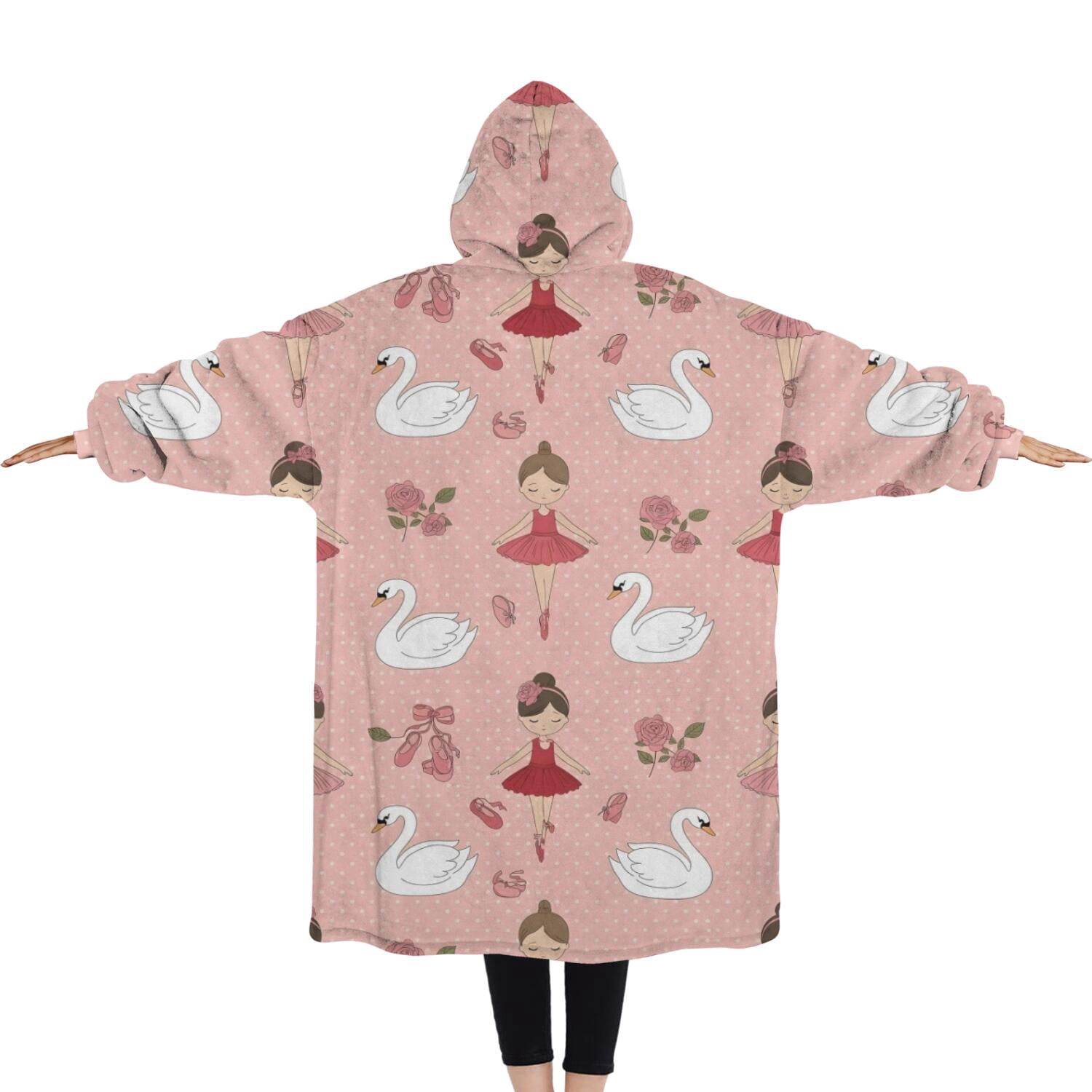 Oversized Wearable Blanket Hoodie,Pink Ballerina Swan Pattern Sherpa Blanket Hoodie with Super Pockets,Super Warm Fuzzy Pullover for Women & Men