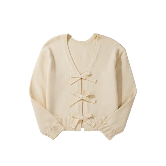 Elegant Women's Jet Stream Bowknot Front Loose V Neck Knitted Cardigan - [ZhiHiMeRi] | (US 12-14)L