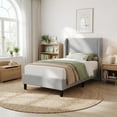 thumbnail image 1 of Twin Bed Frame with Headboad and Wingback, Elegant Vertical Stripe Design Velvet Upholstered Bed Frame with 2 Storage Pockets, Sturdy Wood Slat Support, Easy Assembly, Light Grey, 1 of 8