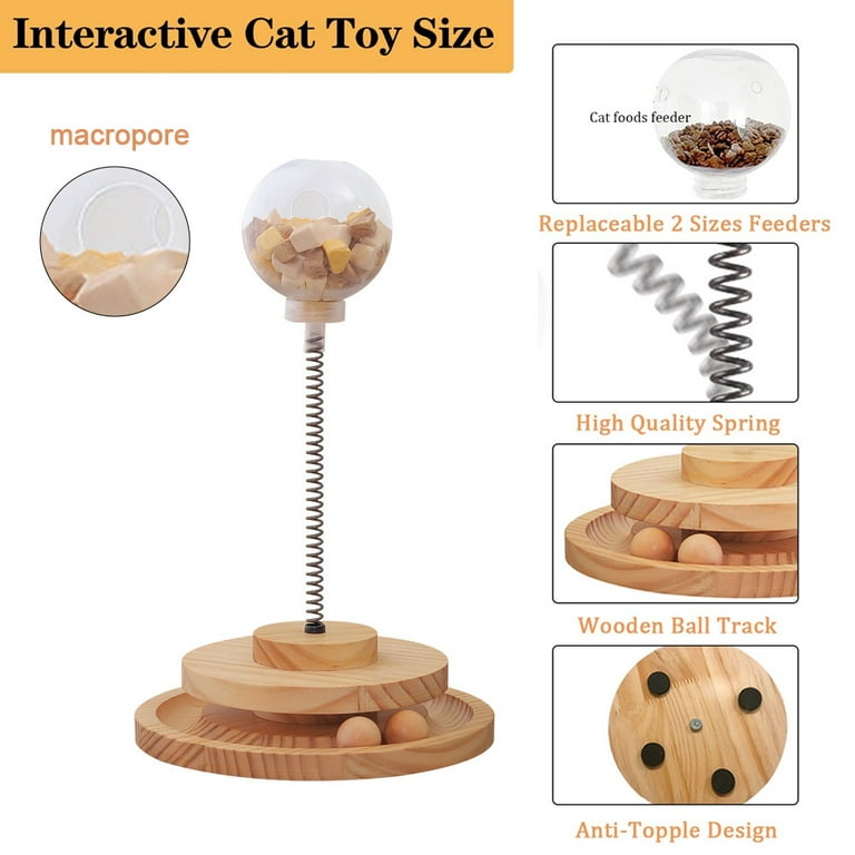 BNOSDM Interactive Cat Feeder Toy for Indoor Cats Slow Feeders Spring Toys  Funny Wooden Track 4 Balls Roller Turntable Exercise and Playing for Kitten