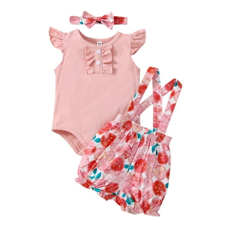 

Suanret Newborn Baby Girls Summer Clothes Fly Sleeve Romper Floral Print Suspender Shorts Headband 3Pcs Outfits Pink Fruit 3-6 Months