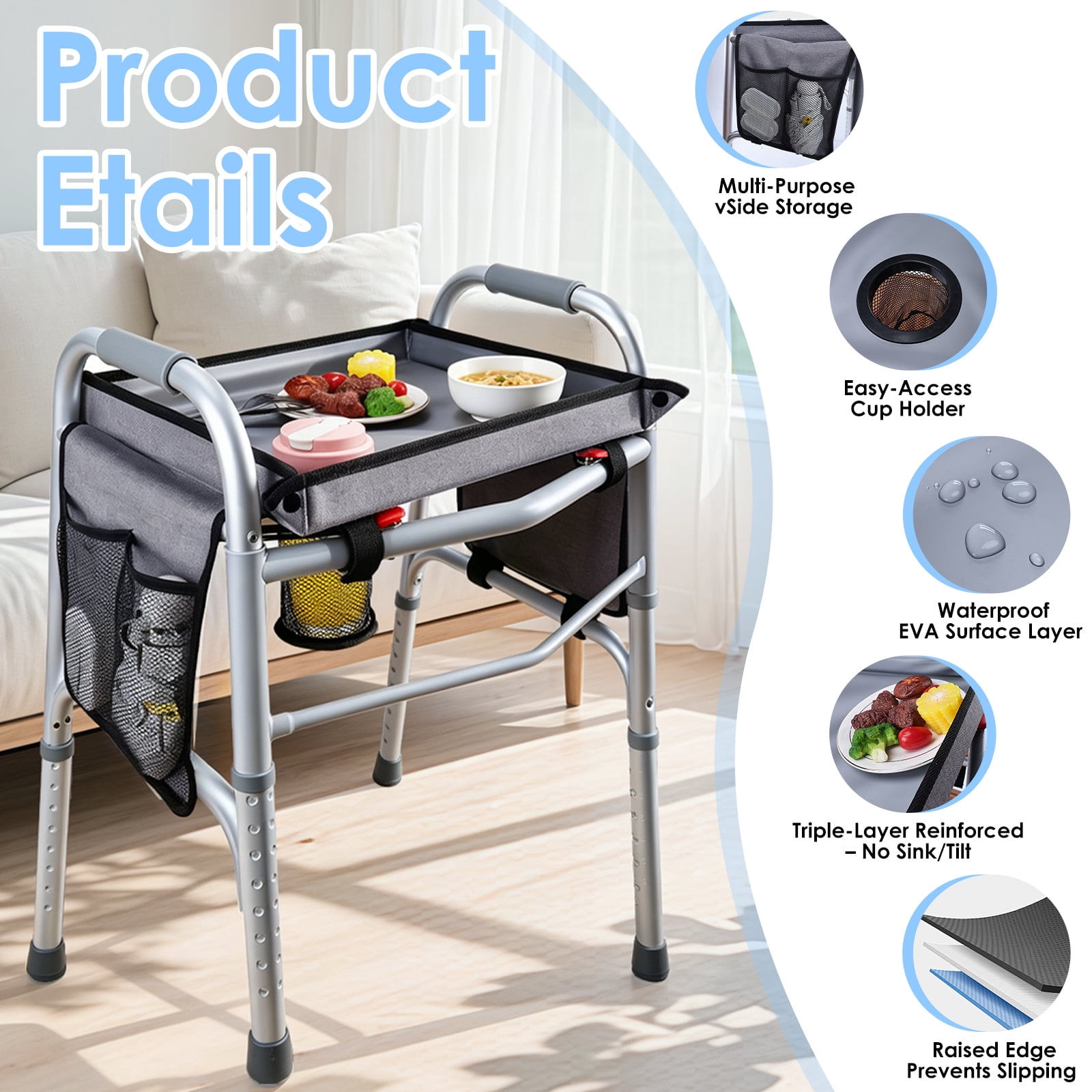 Walker Tray with Cup Holder & Side Pocket – Hard Top Walker Table for Seniors – Folding Walker Accessory for Meals, Reading, Drinks – Non-Slip Surface, Tool-Free Install, Universal Fit