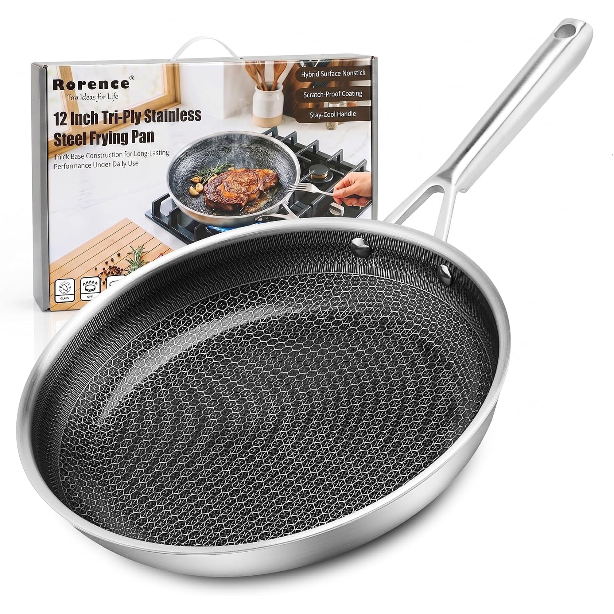 Rorence 12 inch Tri-ply Stainless Steel Frying Pan, Hybrid Ceramic Non-Stick Skillet, Dishwasher and Oven Safe