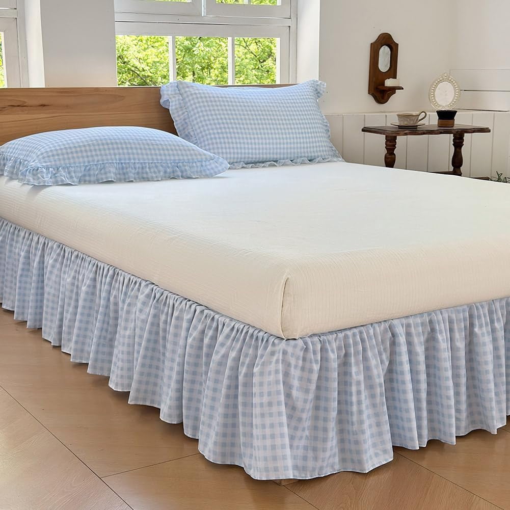 Blue Gingham Wrap Around Ruffled Bed Skirt with Lace Decor, Plaid Grid Adjustable Elastic Dust Ruffles for Queen Bed, 15 Inch Drop Farmhouse Cottage Pleated Bed Frame Cover(Blue Gingham, Queen)
