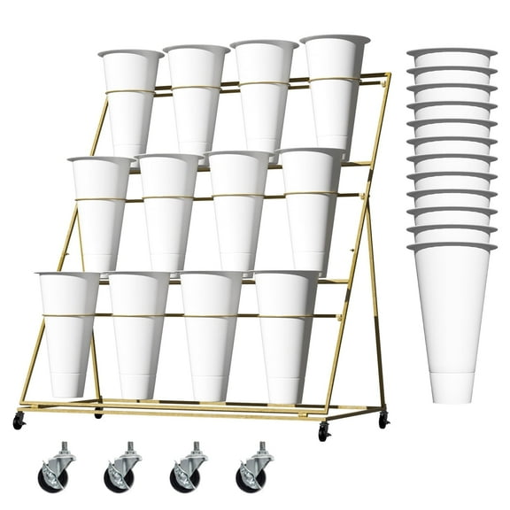 Flower Stand with Containers, Brake Wheel, 15.5" Tall Buckets, Gold Plated Iron, Three-Tier Plant Cart, Porch, Greenhouse, Cafe