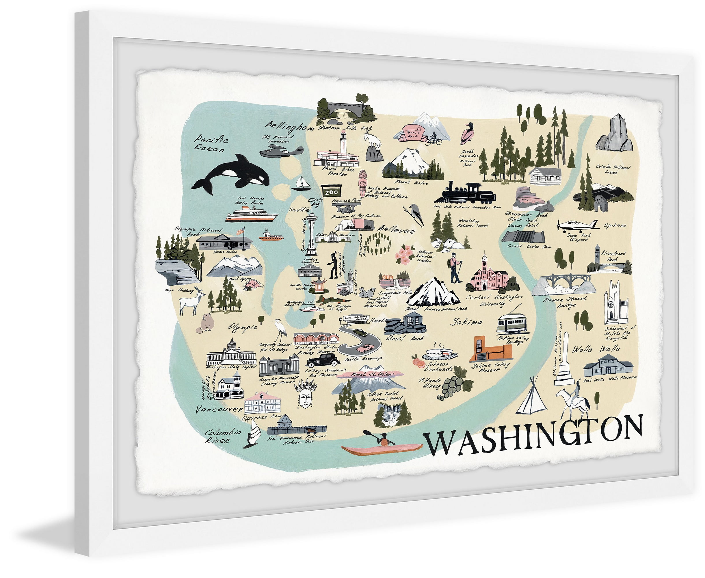 Marmont Hill Illustrated Map of Washington Framed Wall Art, 12" x 18"