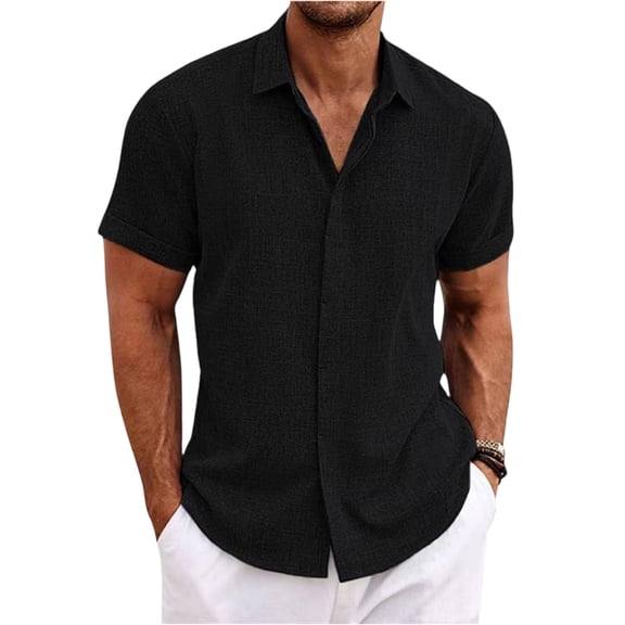 Kixjoy Black Shirts for Men Linen Button Down Collared Shirts Short Sleeve Loose Fit Casual Basic Tops Cozy Trendy Summer Top , Black M
