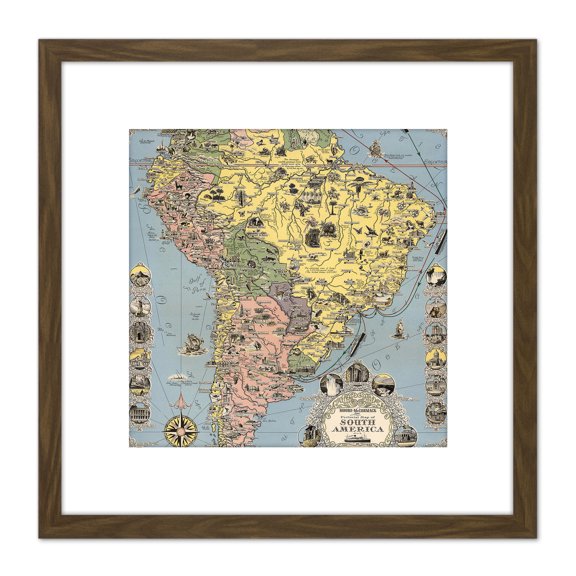 1942 Ernest Dudley Chase Pictorial Map South America 8X8 Inch Square Wooden Framed Wall Art Print Picture with Mount