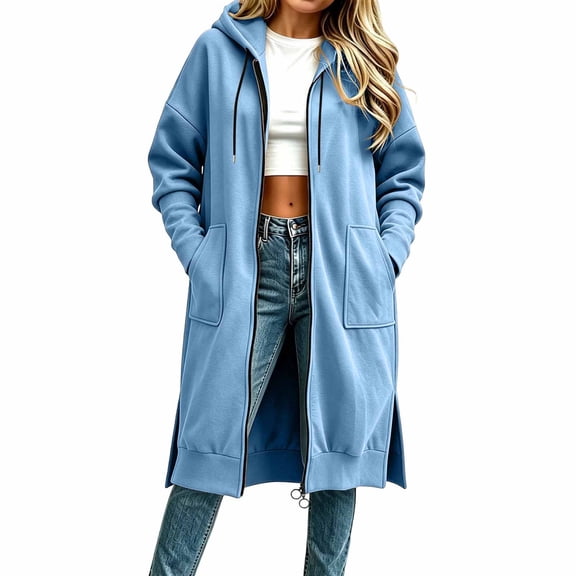 SETOOFF Women Long Maxi Length Zip Up Hooded Sweatshirt Side Split Long Line Hoodie Coat Oversized Drawstring Hood Jacket with Pockets Solid Color Casual Layering Outerwear for Fall Winter