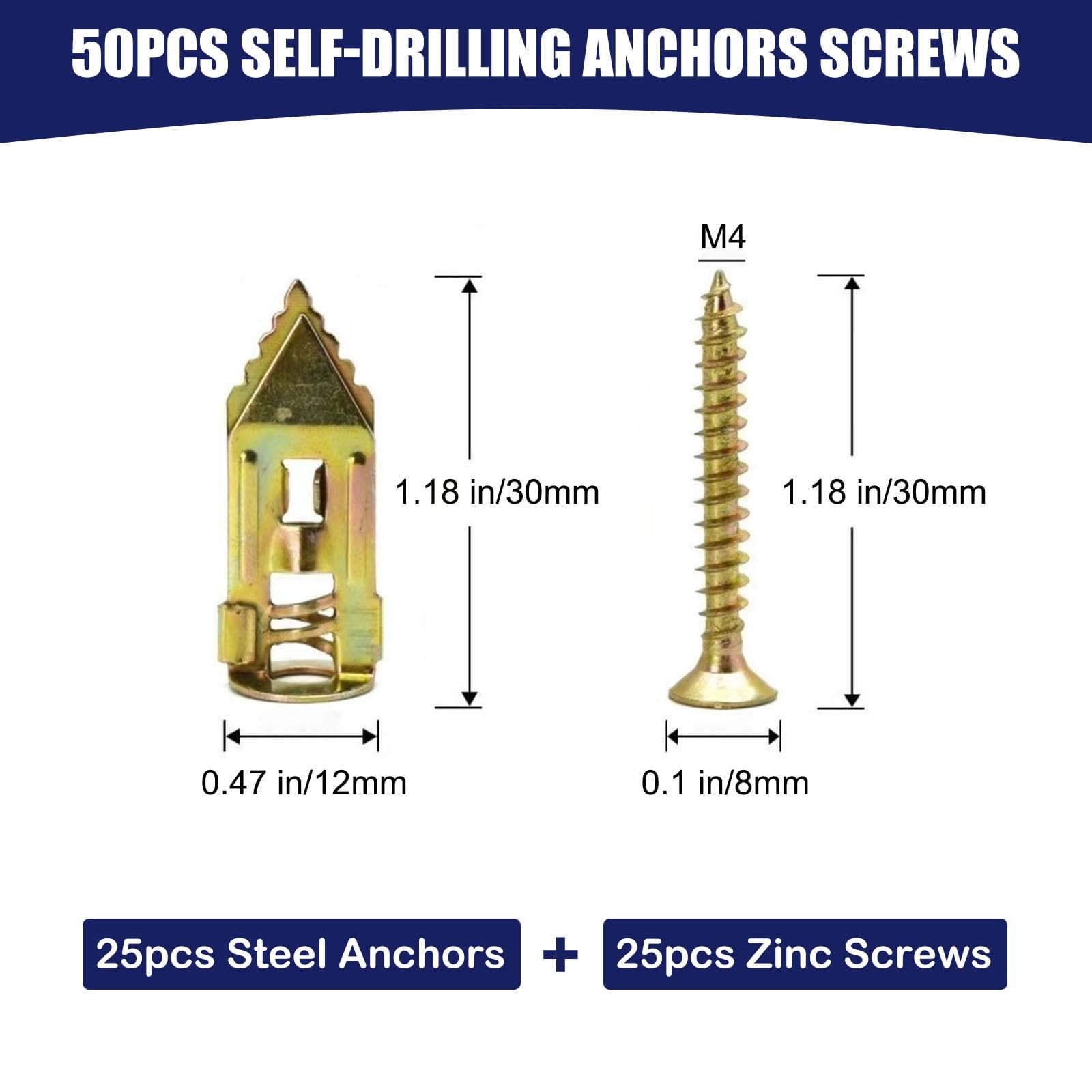 50 pcs Self-Drilling Drywall Anchors with Screws, 0.47x1.18 Inch Zinc Plated Steel Drywall Wall Anchors and Screws Kit Heavy Duty, Easy Application No Drill or Holes in Wall