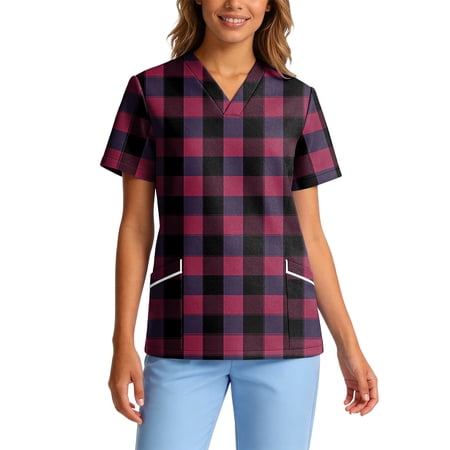 Medical Scrub Tops for Women - Soft Stretch V-Neck Classic Plaid Printed Top Scrubs with Pockets