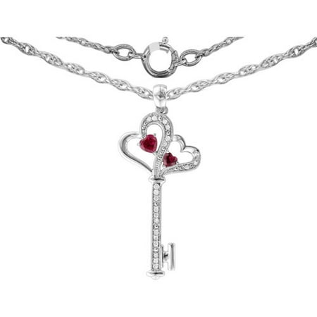 Created Ruby and Diamond Twin Heart Key Pendant in Sterling Silver, 20
