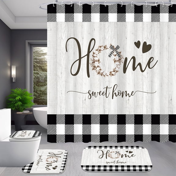 4 Piece Rustic Black and White Plaid Home Sweet Home Shower Curtain Set