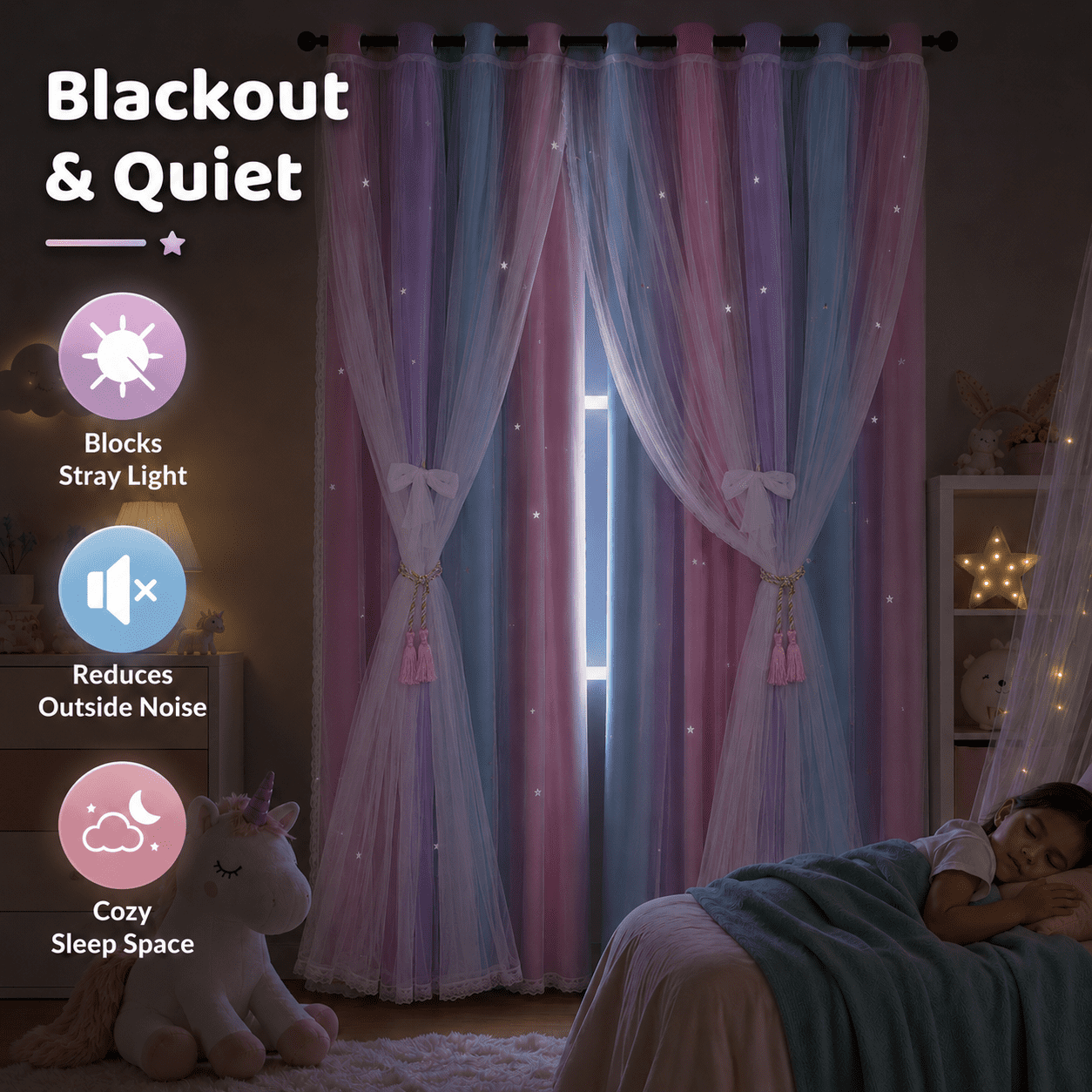 DONGPAI Blackout Stars Curtains for Kids Girls Bedroom Double Layers Star Cut Out Rainbow Curtains Home Window Decoration Curtain, 51" x 63", 1 Panel