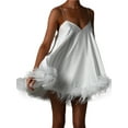 thumbnail image 3 of Liacowi Women Sexy Feather Mini Dress Spaghetti Strap Faux Fur Trim Bodycon Short Dress Strapless Party Mini Tube Dress, 3 of 5