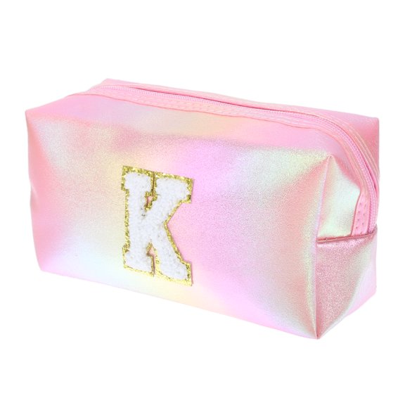 1 Pc Women Durable Letter K Cosmetic Bag for Vacation Outdoor Activities Pink PU Leather
