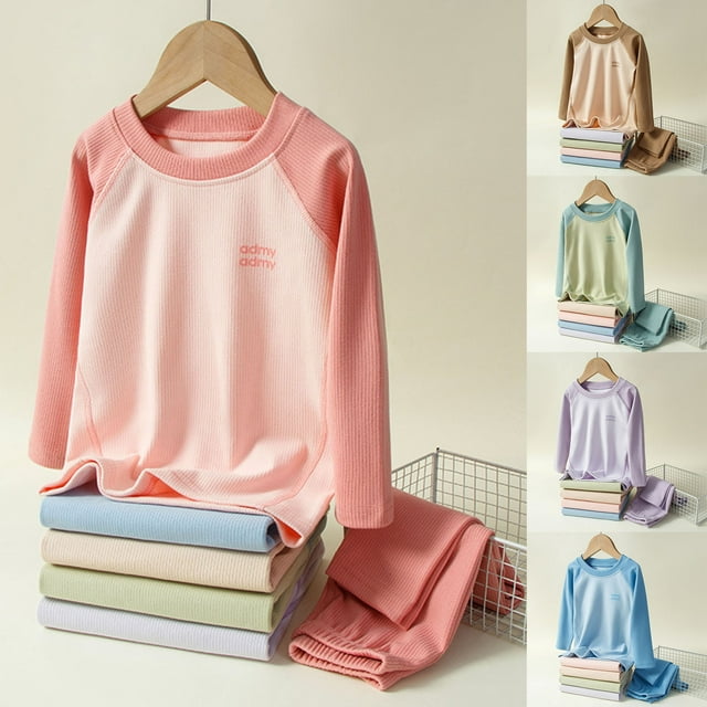WRKEKC Girls Thermal Underwear Set 3-16 Years Brushed Raglan Sleeve Fleece-Lined Top and Pants Warm Winter Set