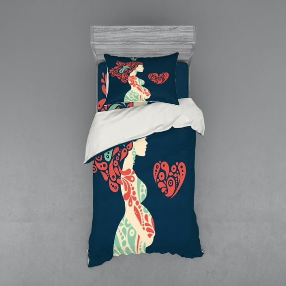 Ambesonne Abstract Bedding Set 3 Pcs, Pregnant Woman and Heart, Twin, Night Blue Coral Cream