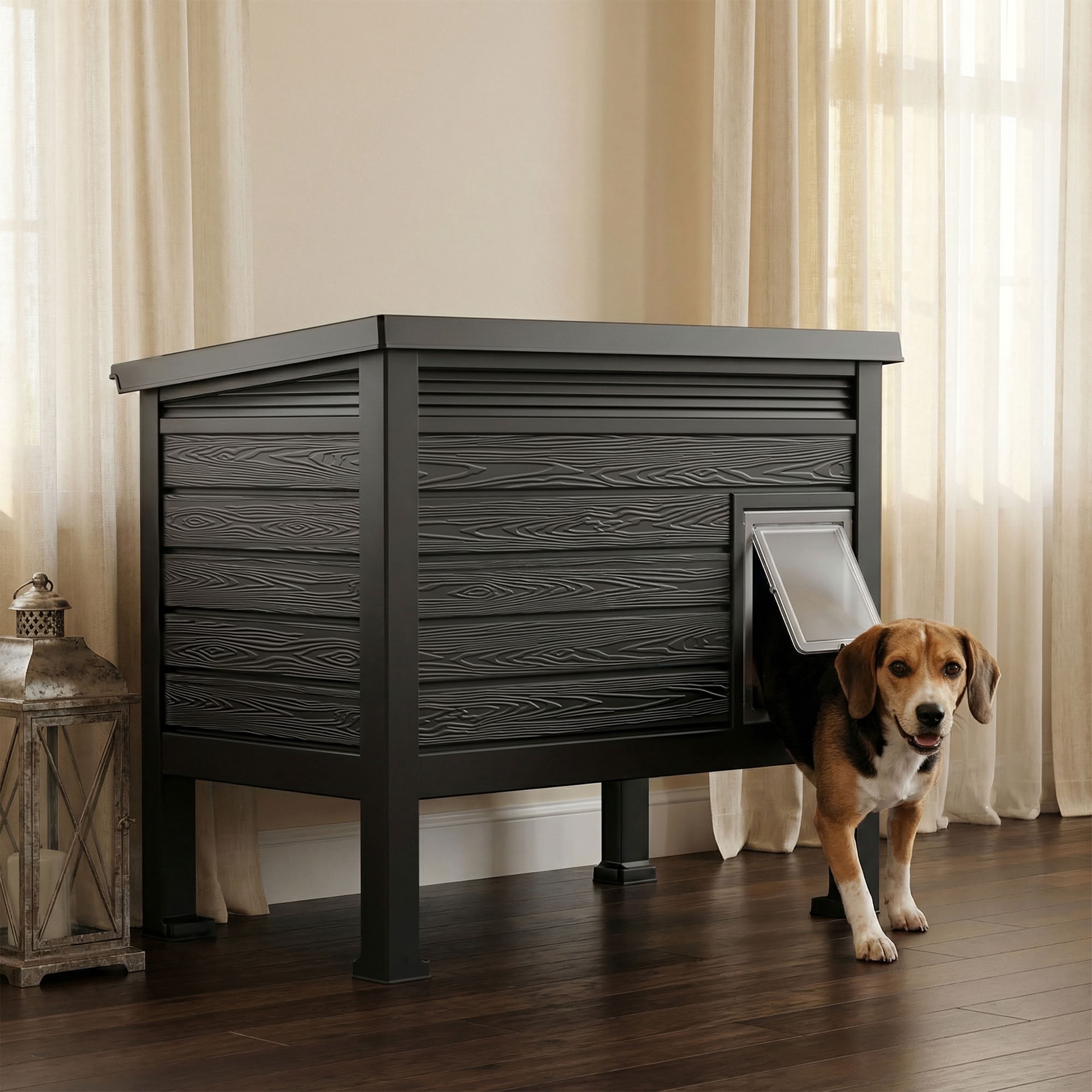 MAYEERTY Indoor & Outdoor Cat House, Gas Strut Top Cover Ventilated Pet Retreat with Removable Divider