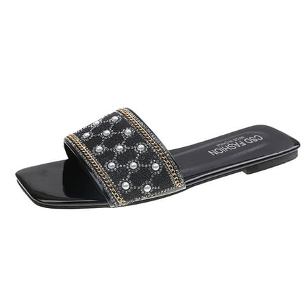 

slipper for Women Fashion Spring Summer Women Slippers Rhinestone Pearl Flat Casual Comfortable Beach Shoes PU Dress Sandals for Women Black
