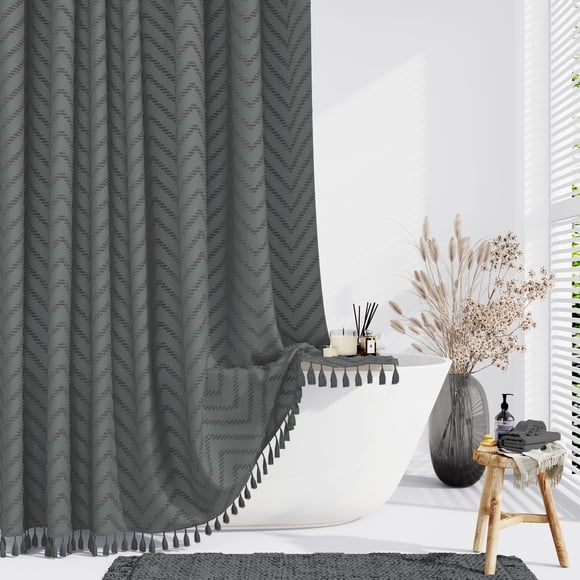 Dynamene 78 Inches Long Shower Curtain Boho Tufted Chevron Striped Tall Cloth Shower Curtains For Bathroom Large Hotel Spa Luxury Shower Curtain Set With Hooks Wrinkle Free Charcoal Grey 72X78
