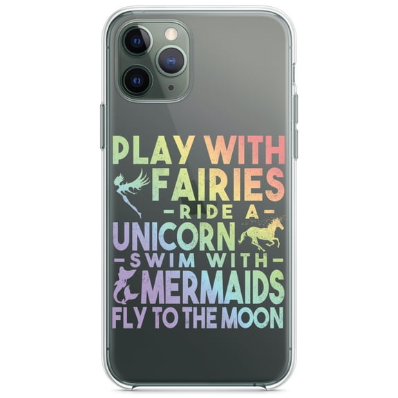 DistinctInk Clear Shockproof Hybrid Case for iPhone 13 (6.1" Screen) - TPU Bumper Acrylic Back Tempered Glass Screen Protector - Play With Fairs Ride Unicorn Mermaids Moon