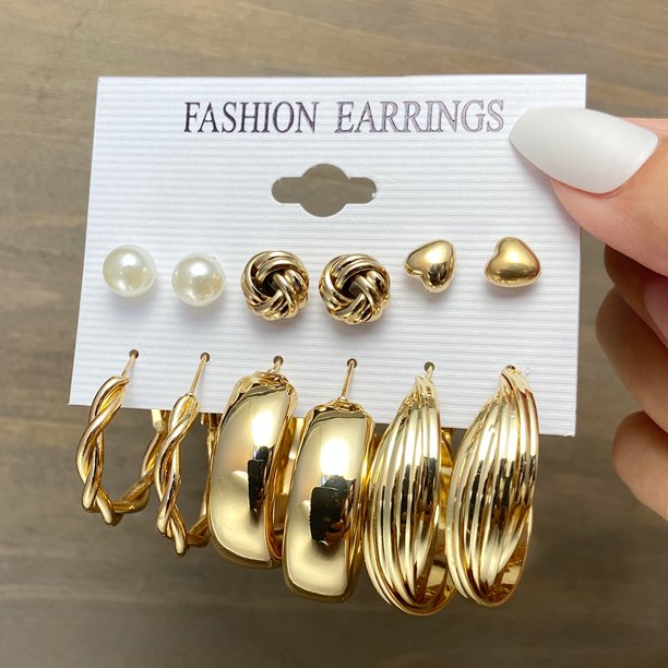 12 Unids/Set Retro Perla Mariposa Pendientes Conjunto De Oro Tuerca Círculo Coreano Mujeres Accesorios De Joyería