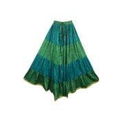Mogul Women's Broom Maxi Skirt Elastic Waist Green Blue Printed Long Skirts