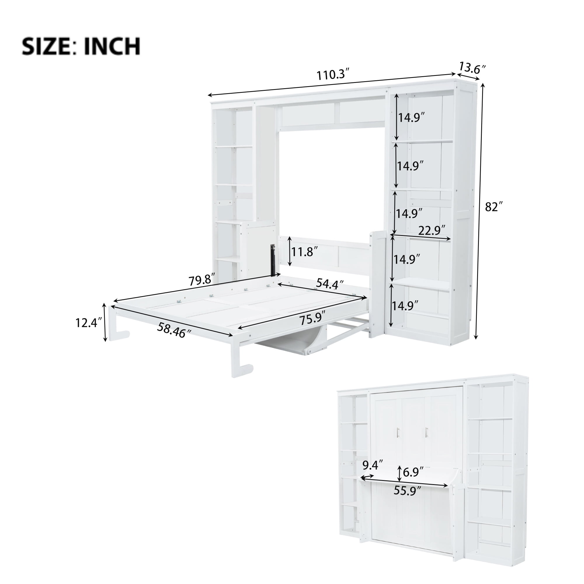 Euroco Wood Full Size Murphy Bed with Desk and Shelves, Space-Saving Wall Bed for Bedroom
