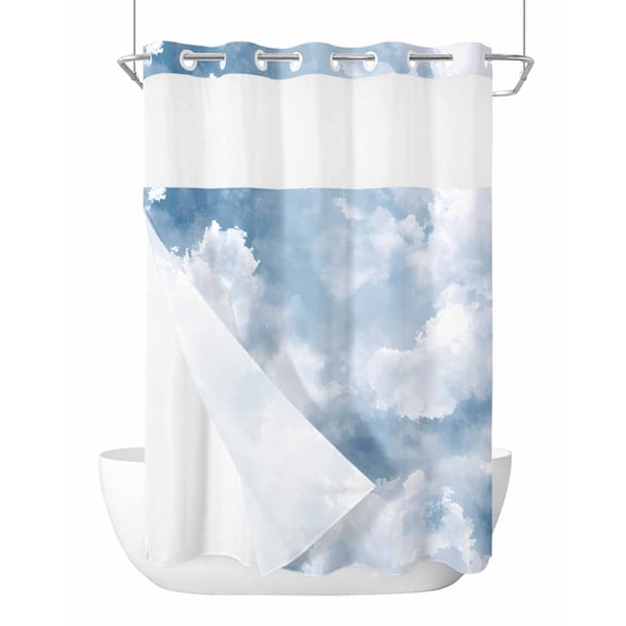 No Hook Cloth Fabric Shower Curtain with Snap in Liner, Blue Sky Waterproof Shower Curtains Set with See Through Top Window, Cloud Gradient Natural Landscape Scenery Bath Curtains Shower 60"x72"