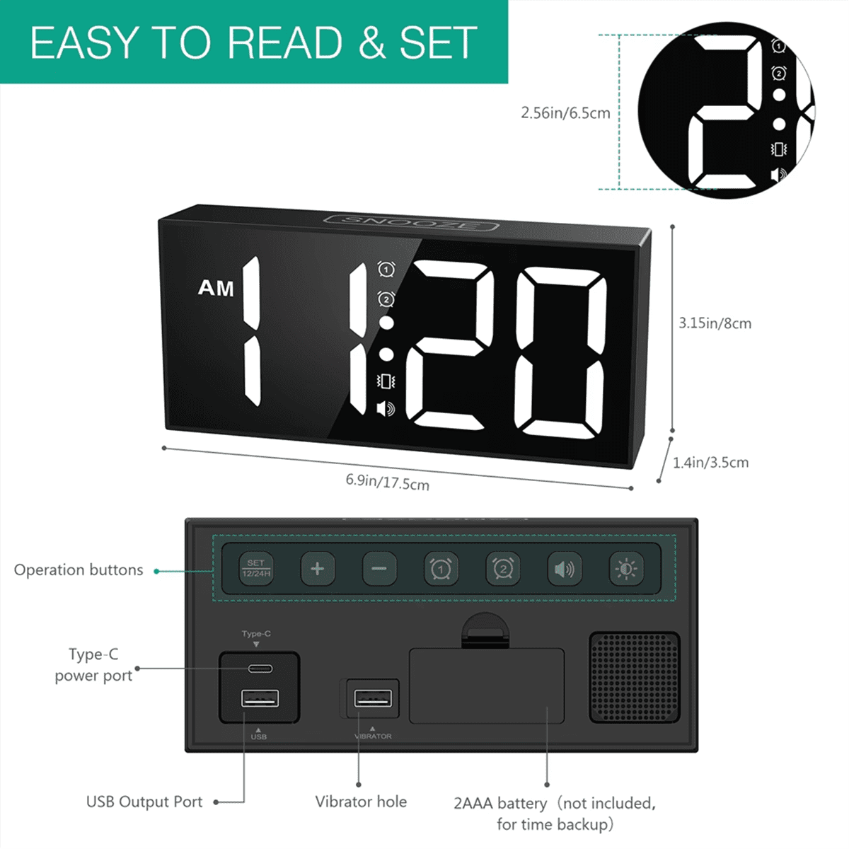 Vibrating Alarm Clock 7.5in Large Display LED Loud with Bed Shaker for Heavy Sleepers Hearing Impaired
