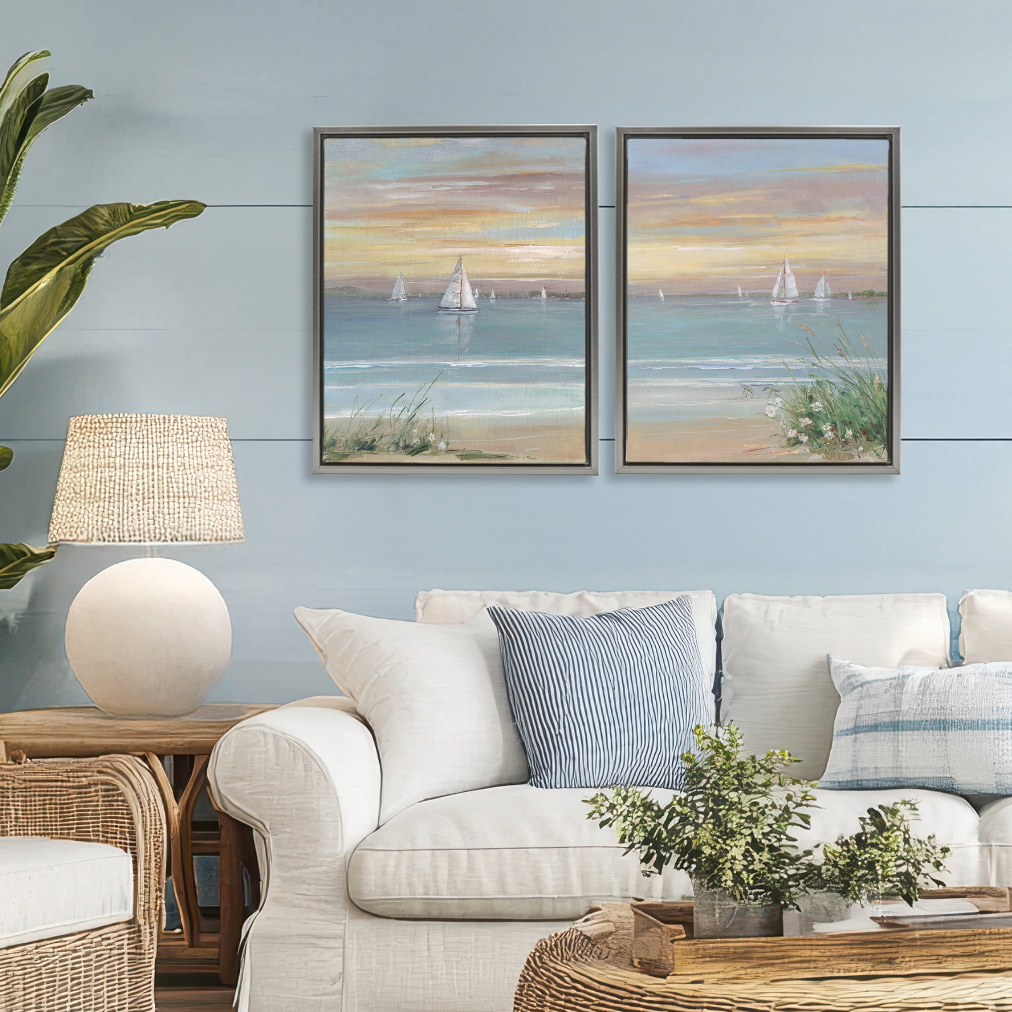 Stupell Industries Summer Shore Panorama 2 Piece Gray Framed Floater Canvas Set, design by Sally Swatland
