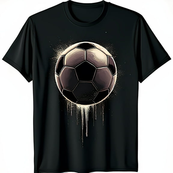 Artistic Black T-Shirt with Soccer Ball Graphic & Dripping Design
