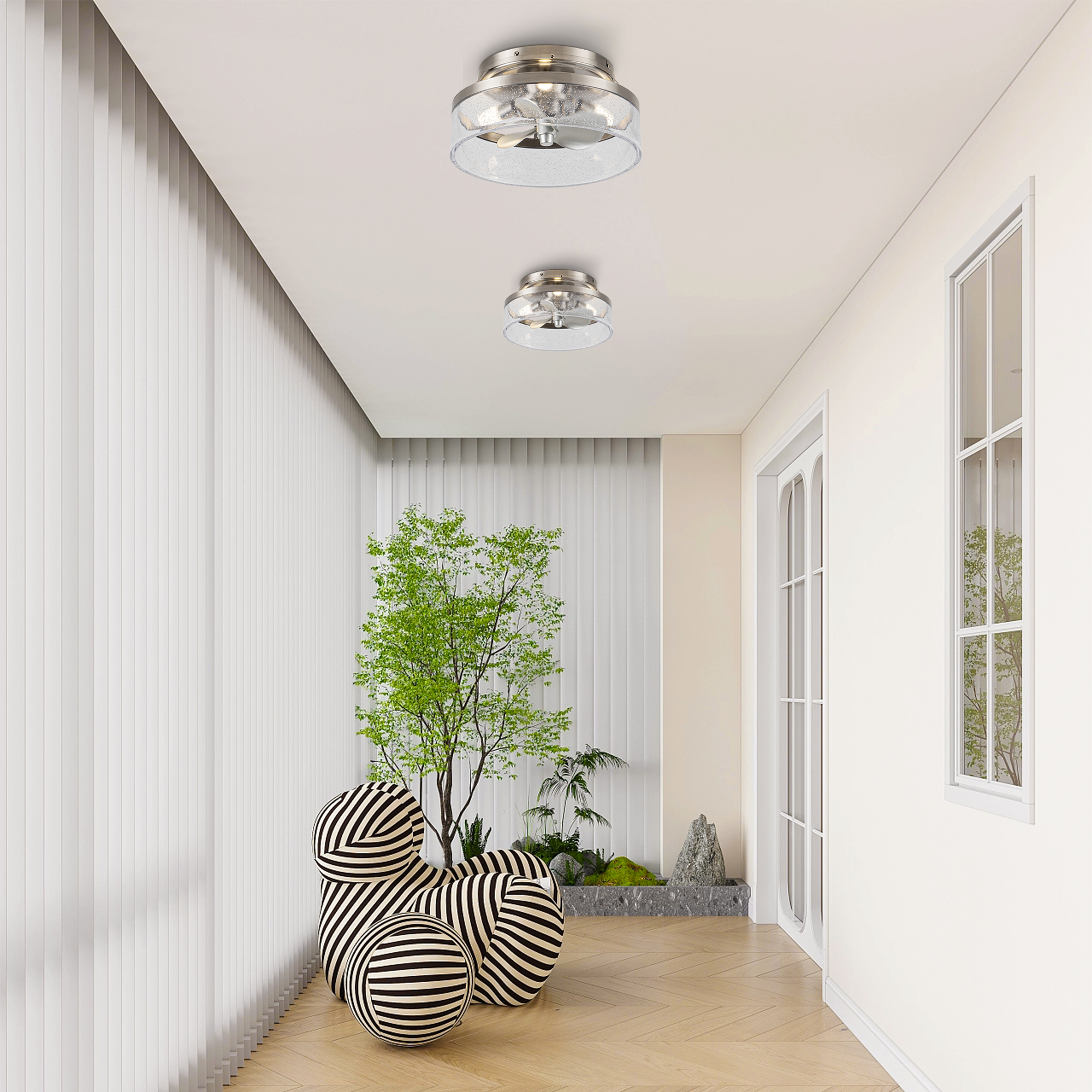 13" Modern Nickel Caged Flush Mount Ceiling Fan with Light and Remote
