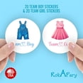 thumbnail image 2 of 40 Wardrobe Gender Reveal Stickers, Dress Overall Team Girl Team Boy, 2 Inch Big Round Glossy Labels, Clothes Pink and Blue Decals, Baby Shower Party Favors, Tags, Games And Supplies. Made in USA, 2 of 4