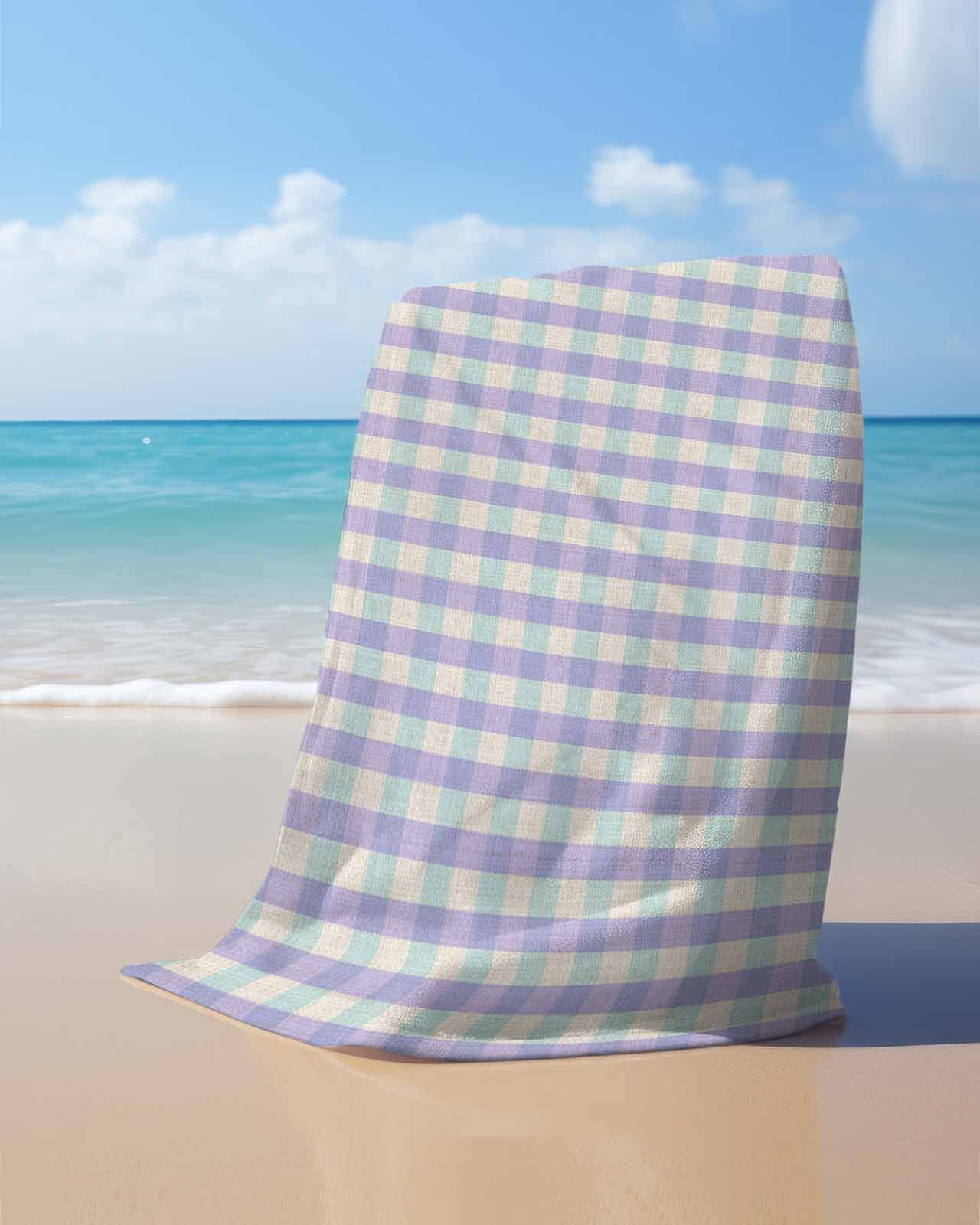 Purple Beach Towels Oversized Super Absorbent, Grid Checkered Plaid Gingham Lattice Trellis Lightweight Bath Towel Quick Dry Sets For Bathroom/Pool/Rv Camping/Beach Play/Gym Room/Picnic 23"x47"
