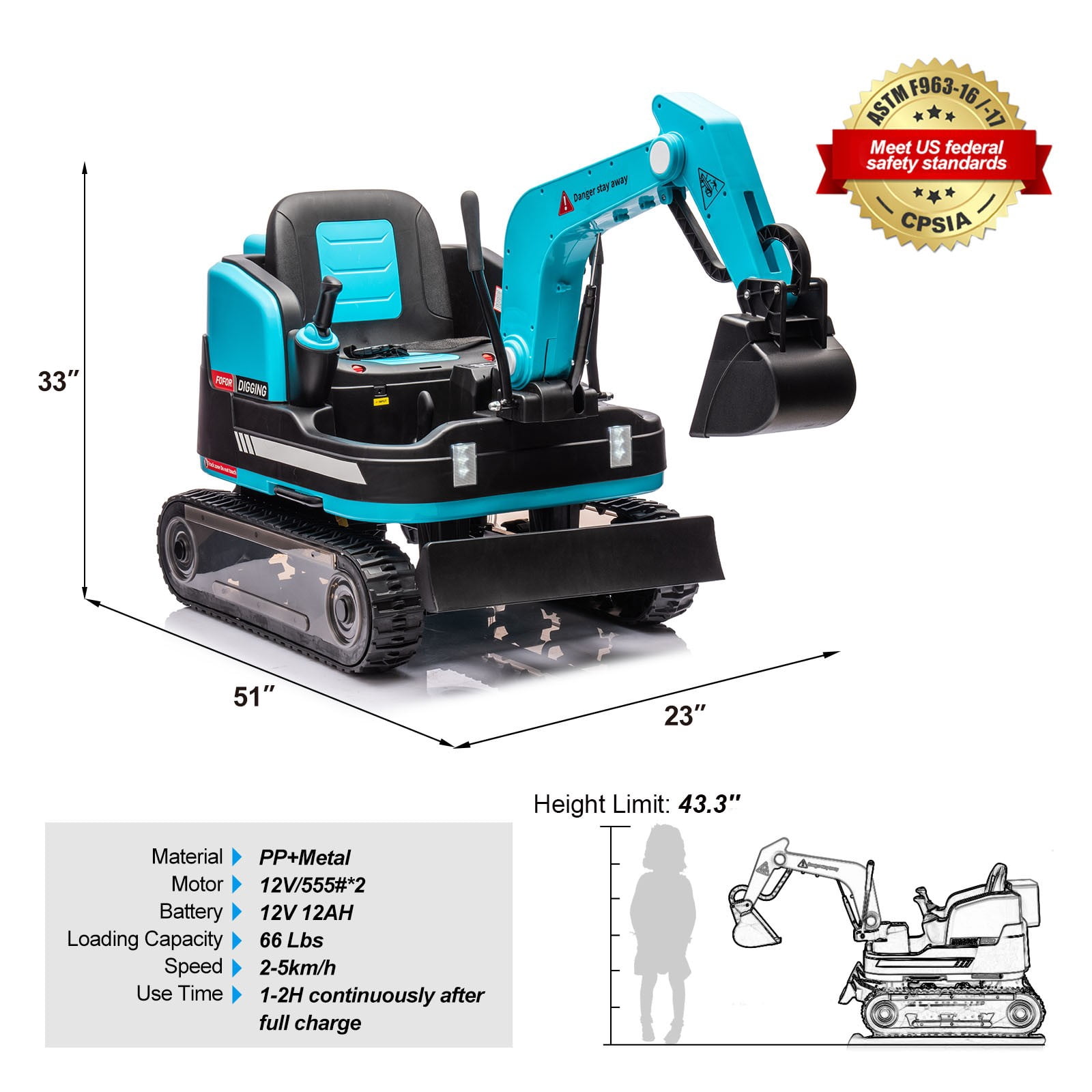 2 IN 1 12V12AH Powered Kids Ride on Excavator Bulldozer 360°Electric Traxcavator 3-Speed w/Music,Toolbox,Remote Control（Blue）