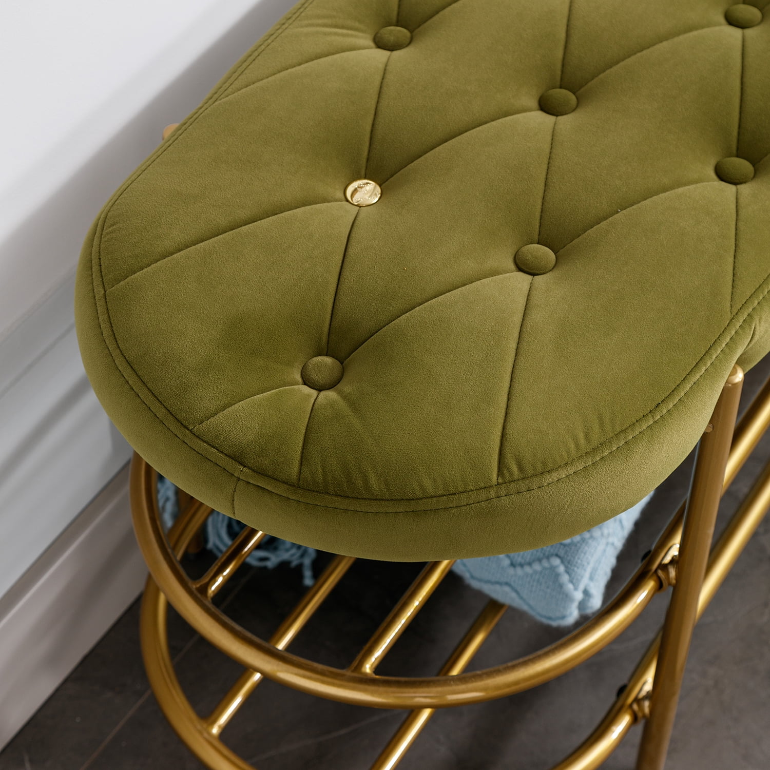 Kadyn Upholstered Velvet Beach, End of Bed Bench with 2 Shelf, Storage Beach for Living Room, Entrance, Olive Green