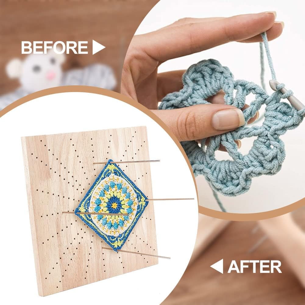 12X12 inches Crochet Board Wooden Knitting Blocking Mat Square Board with 8pcs Stainless Steel Pins for Knitting and Crochet Projects Handcrafted Knitting Gift for Granny Square Lovers Bisque
