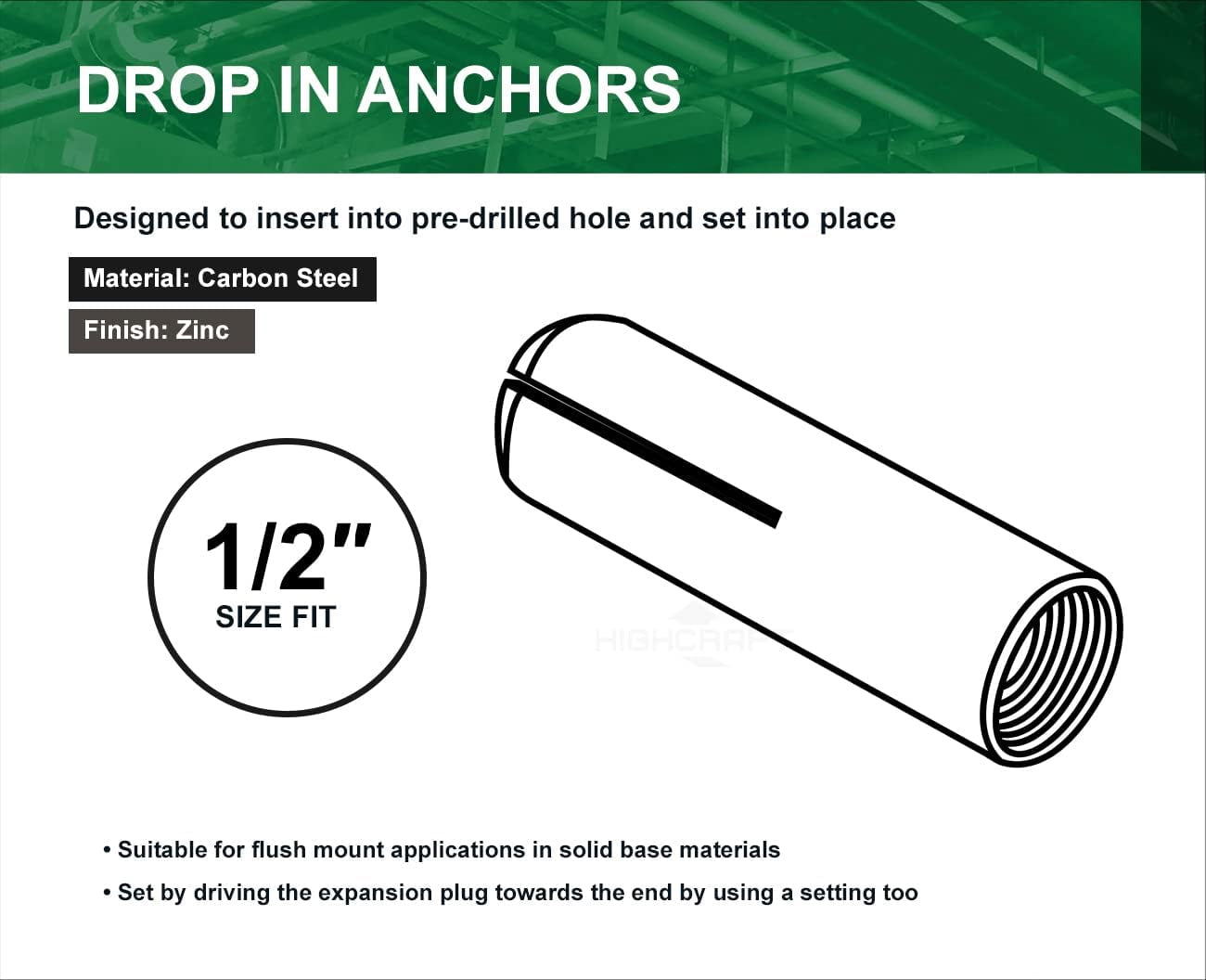 Highcraft 1/2" Drop-In Anchors Zinc Plated Steel, Knurled, 50 Pk