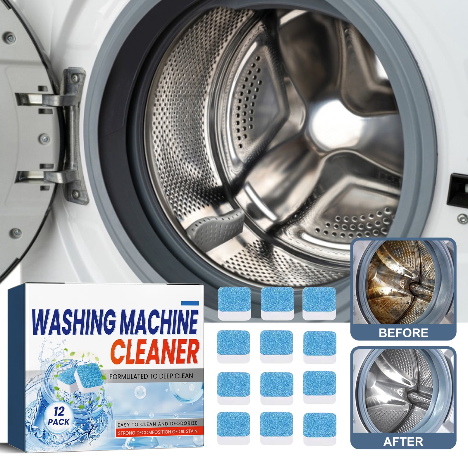 Alvantor Washing Machine Cleaning Tablets, Deep Cleaning Descaler for Front Load, Top Load & HE Washers, Remove Odor, Limescale and Grime, 12 pack