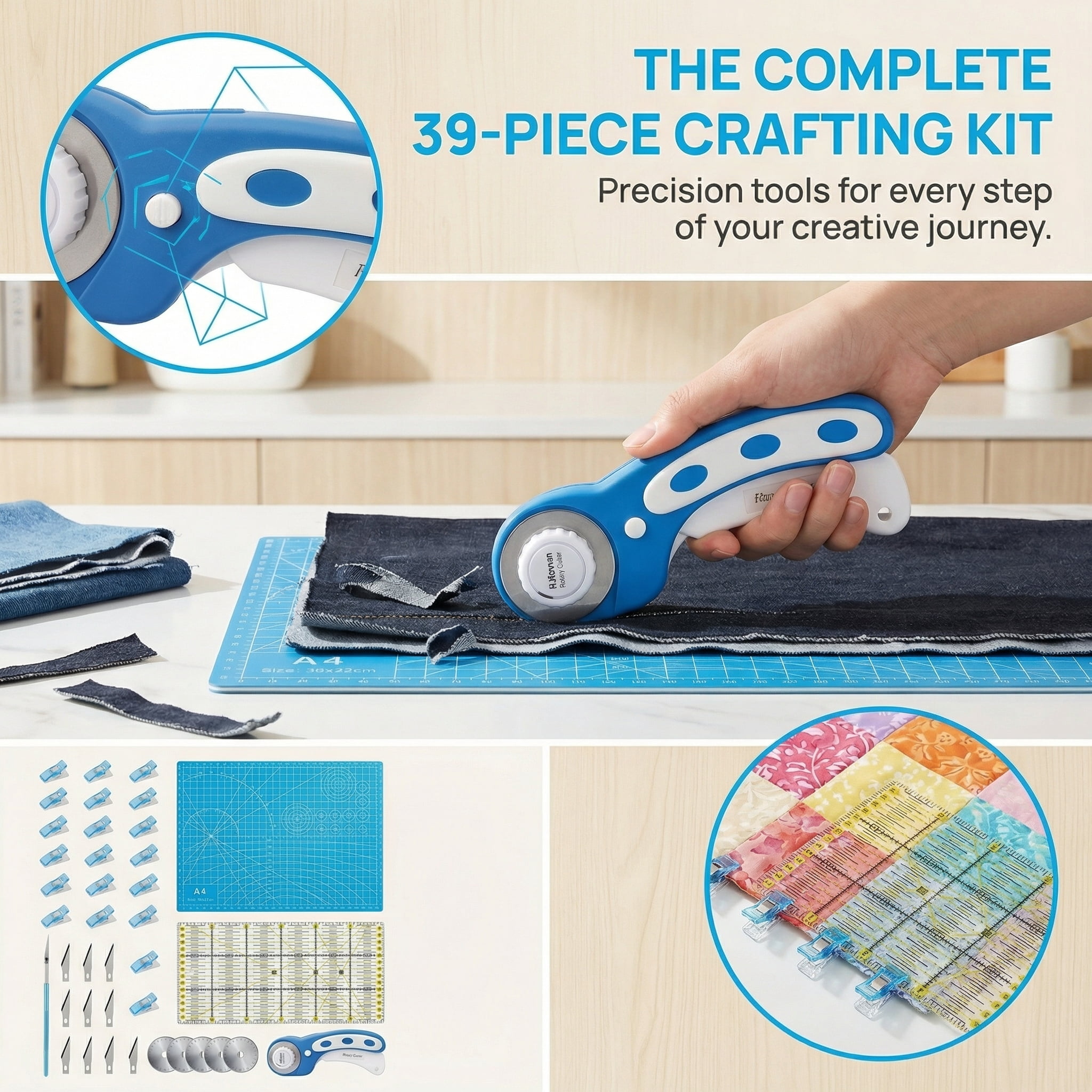 39 Pcs Rotary Cutter Set Blue with 45mm Fabric Cutter and Extra Blades for Quilting